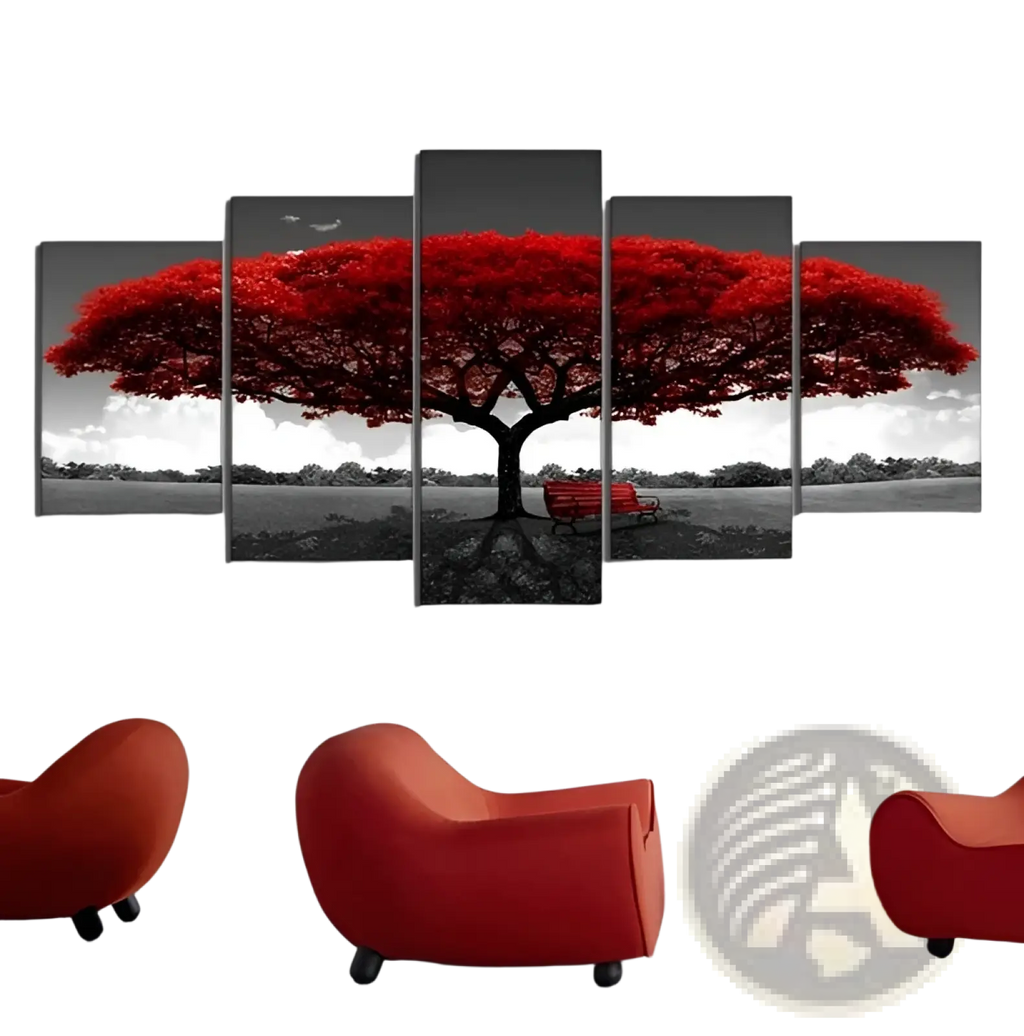 Red tree canvas wall art five piece vibrant red tree with sprawling canopy on monochrome landscape background