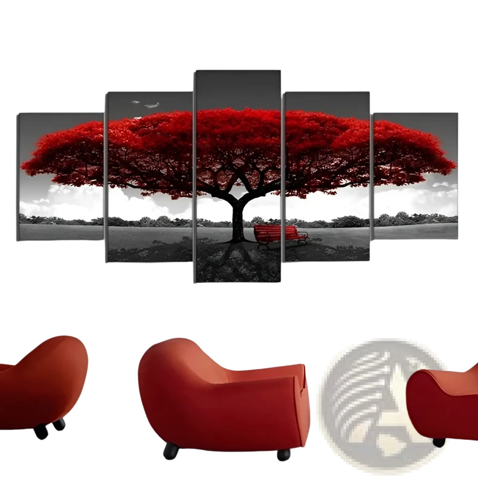 Red tree canvas wall art five piece vibrant red tree with sprawling canopy on monochrome landscape background