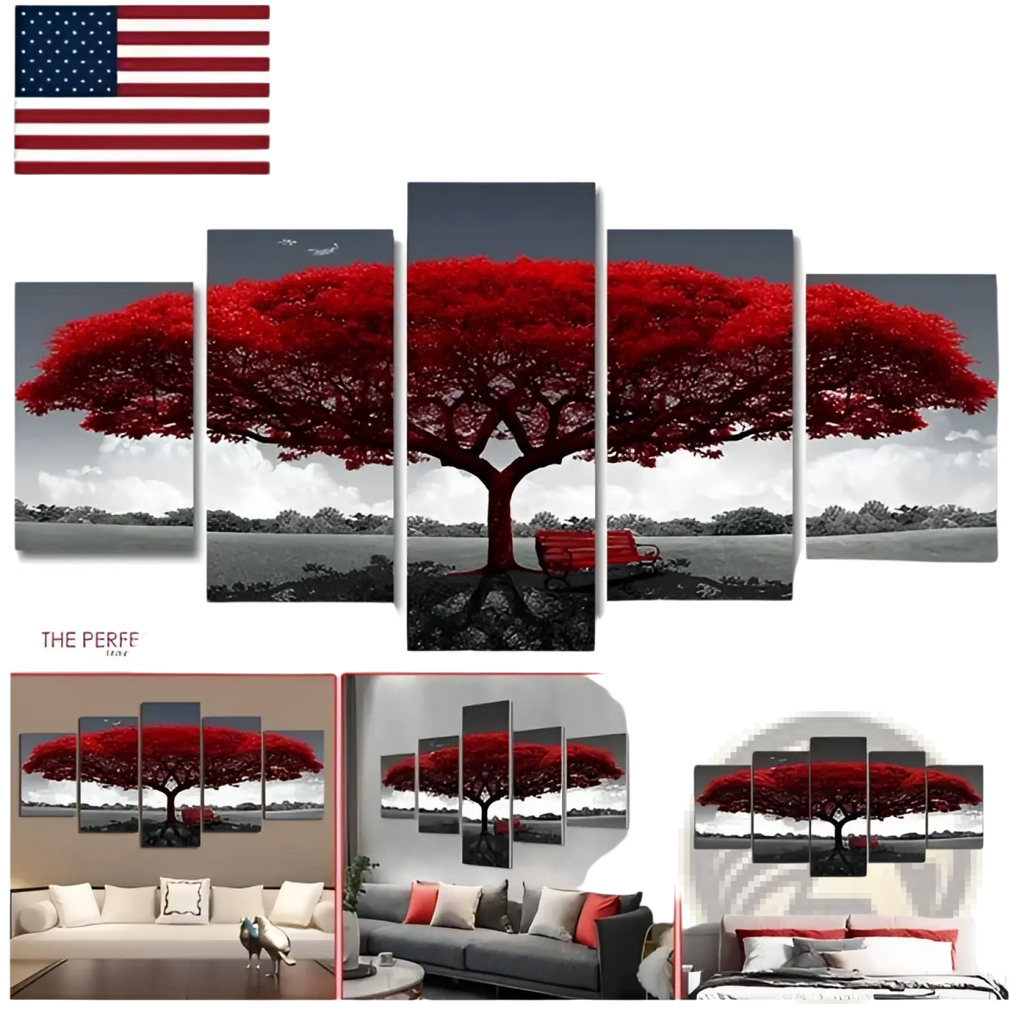 Five-piece red tree canvas wall art with black and white mural design for decorative landscape home decor