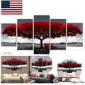 Five-piece red tree canvas wall art with black and white mural design for decorative landscape home decor