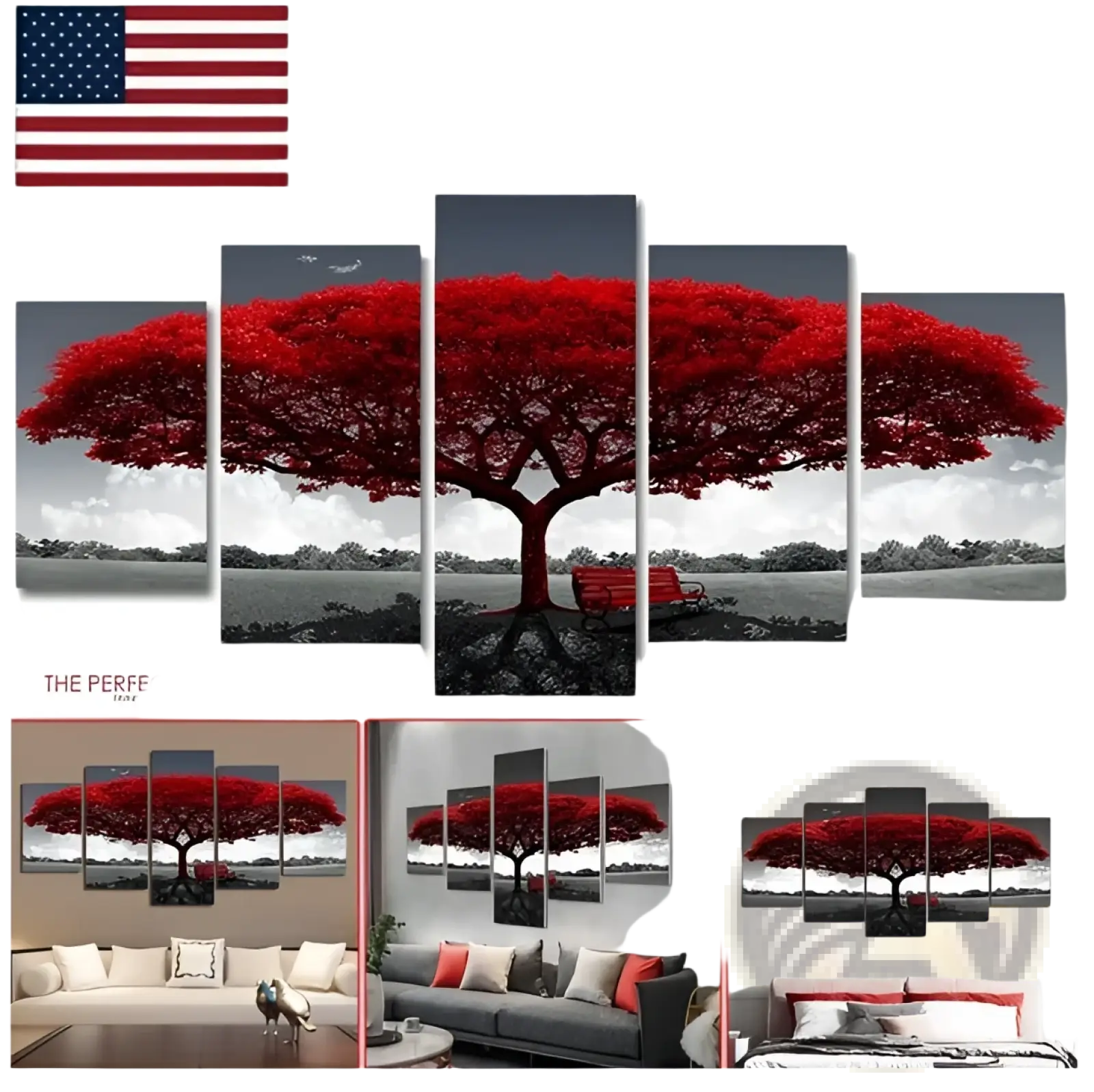 Five-piece red tree canvas wall art with black and white mural design for decorative landscape home decor
