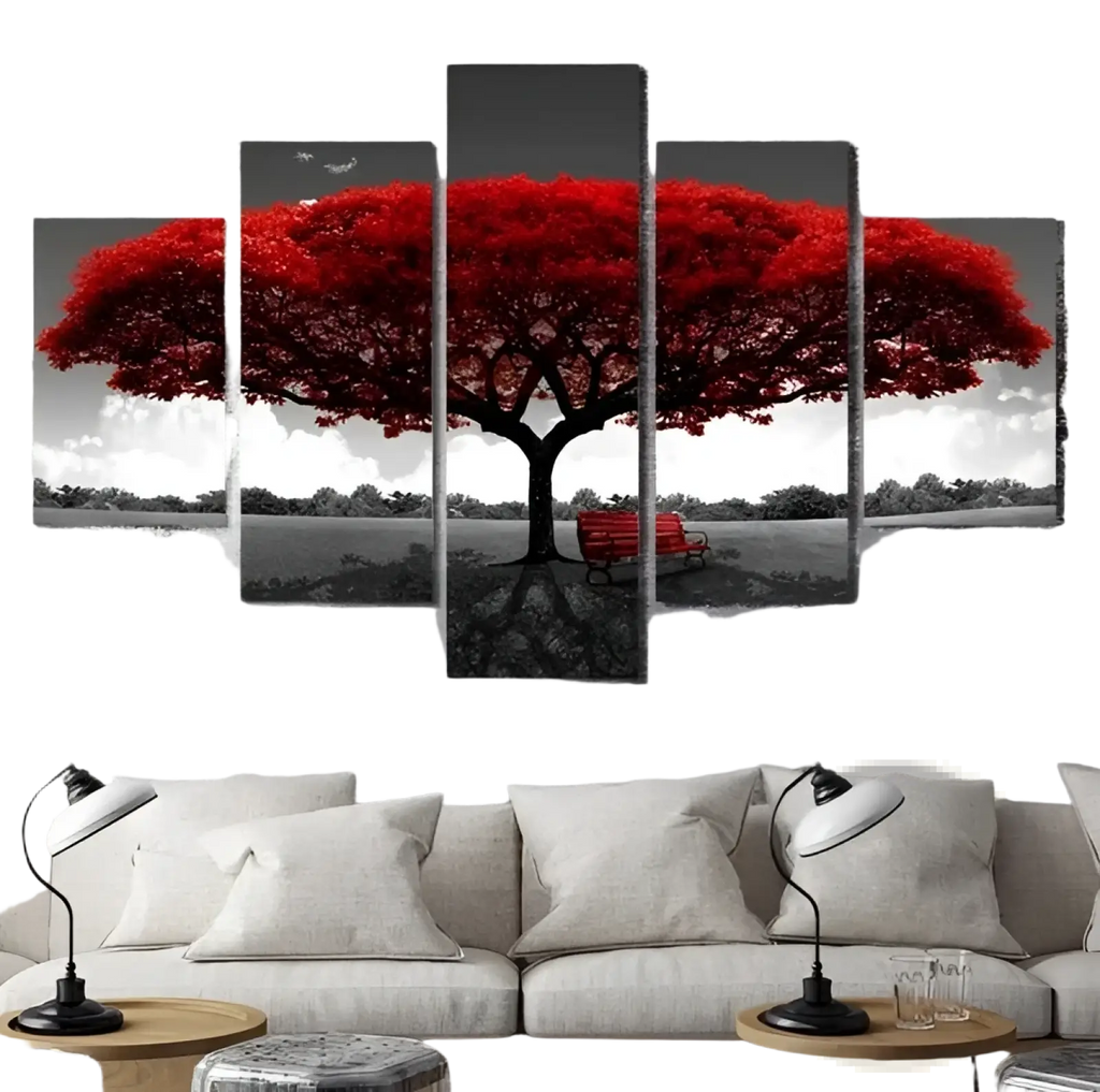 Red tree canvas wall art five piece landscape decor featuring a bold red tree with black branches above a modern sofa