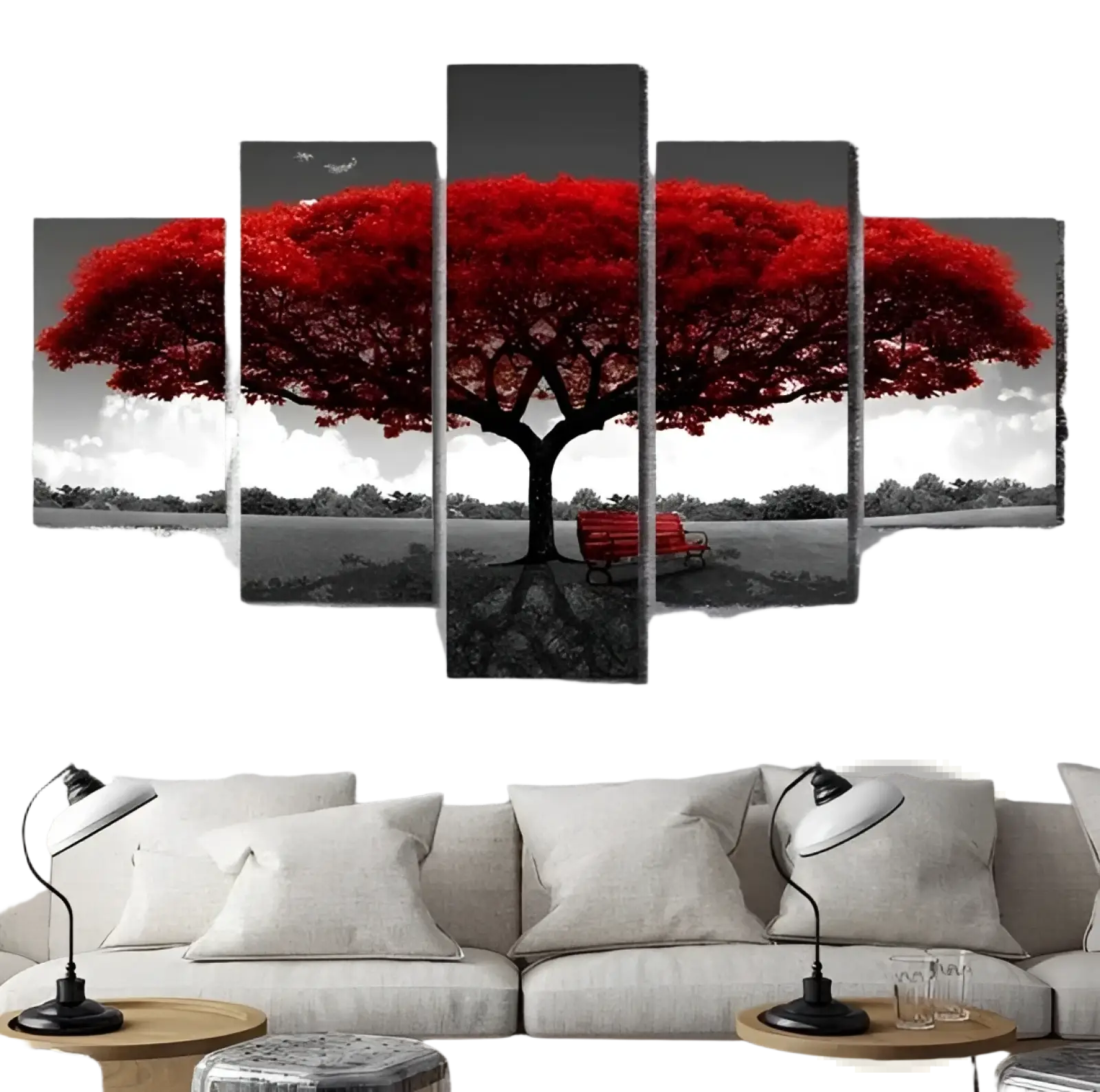 Red tree canvas wall art five piece landscape decor featuring a bold red tree with black branches above a modern sofa