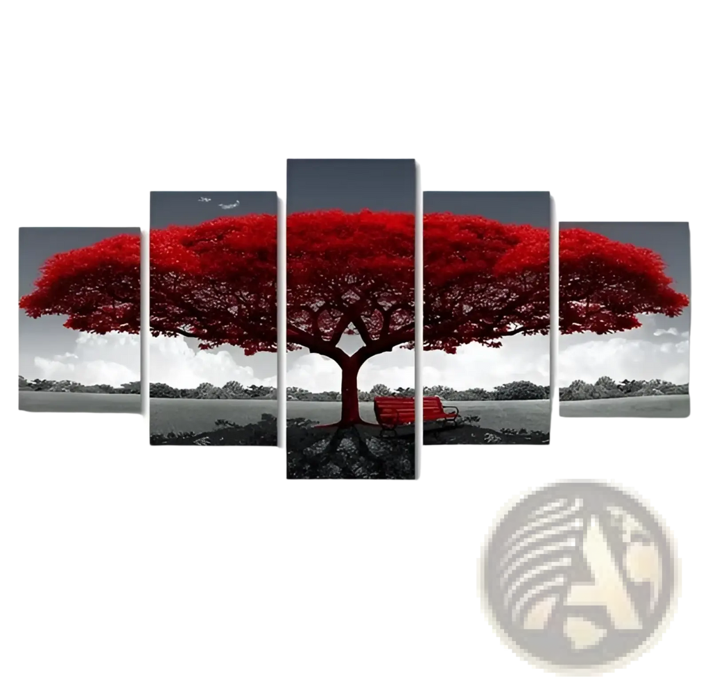 Red tree canvas wall art five piece with vibrant red tree and bold full canopy in monochrome landscape decor