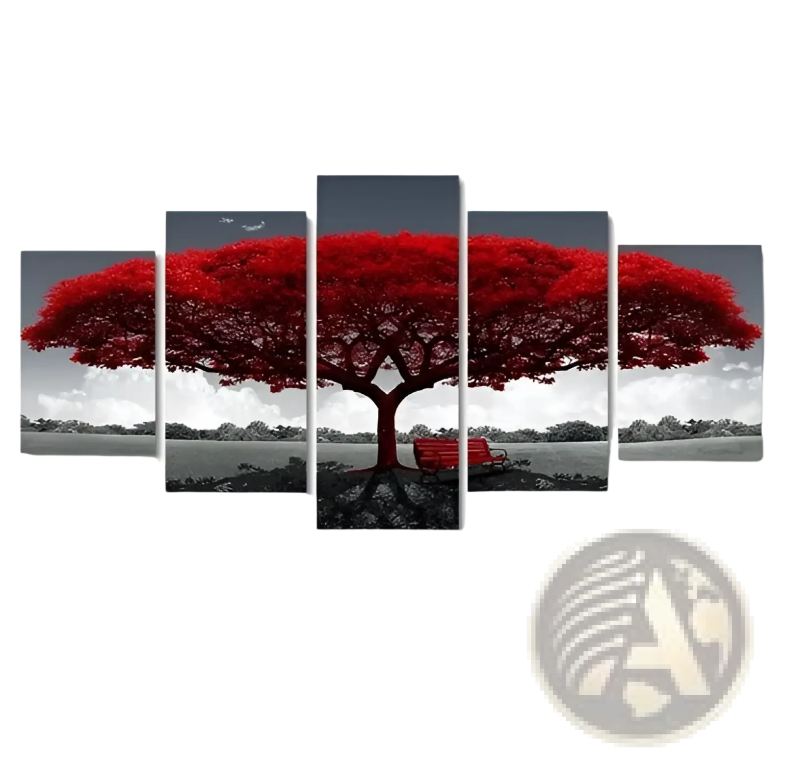 Red tree canvas wall art five piece with vibrant red tree and bold full canopy in monochrome landscape decor