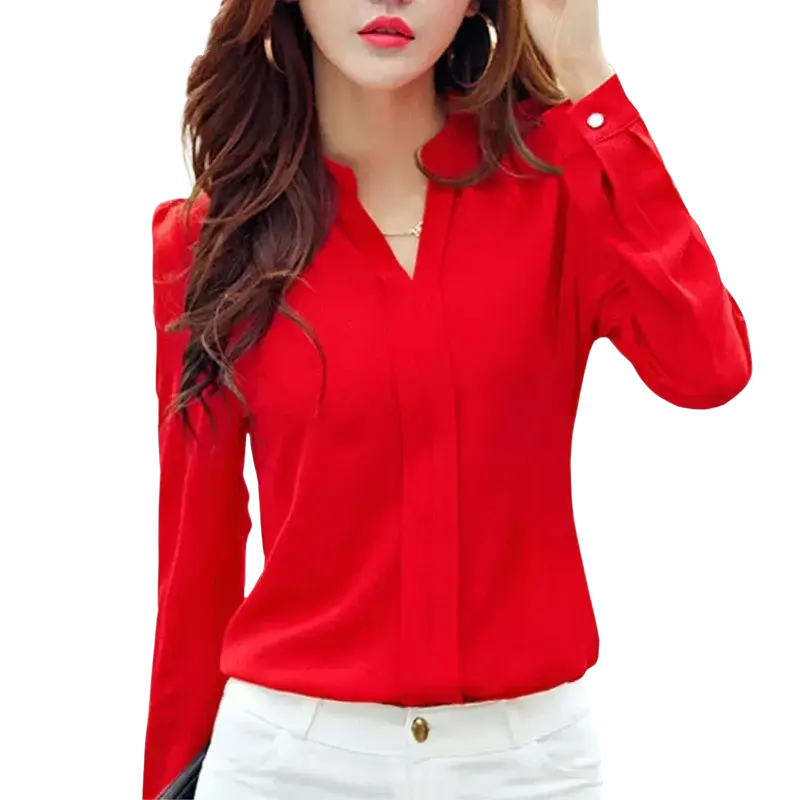 Red v-neck chiffon office blouse featuring vibrant red long sleeves and buttoned cuffs suitable for professional wear