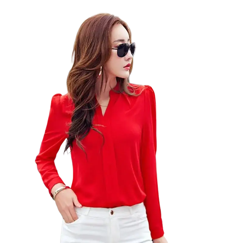Red v-neck chiffon office blouse with long sleeves and puffed shoulders made of smooth flowing fabric to avoid negative feedback