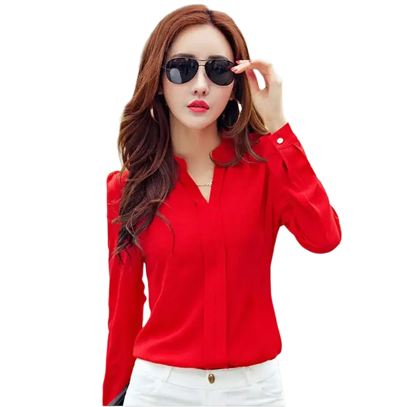A vibrant red chiffon office blouse with v-neck and buttoned cuffs designed to avoid negative feedback