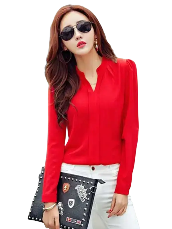 Red v-neck chiffon office blouse with vibrant red color long sleeves and subtle pleats at the collar to avoid negative feedback