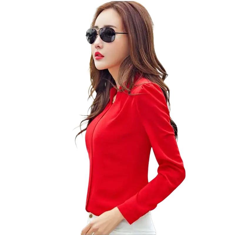 A vibrant red long-sleeved tailored women’s blazer highlighting negative feedback on fit or material quality