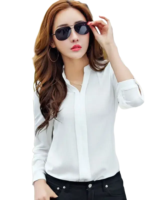 White long-sleeved button-up blouse with sleek fitted design and subtle sheen for office wear avoiding negative feedback
