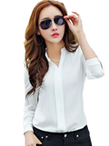 White long-sleeved button-up blouse with sleek fitted design and subtle sheen for office wear avoiding negative feedback