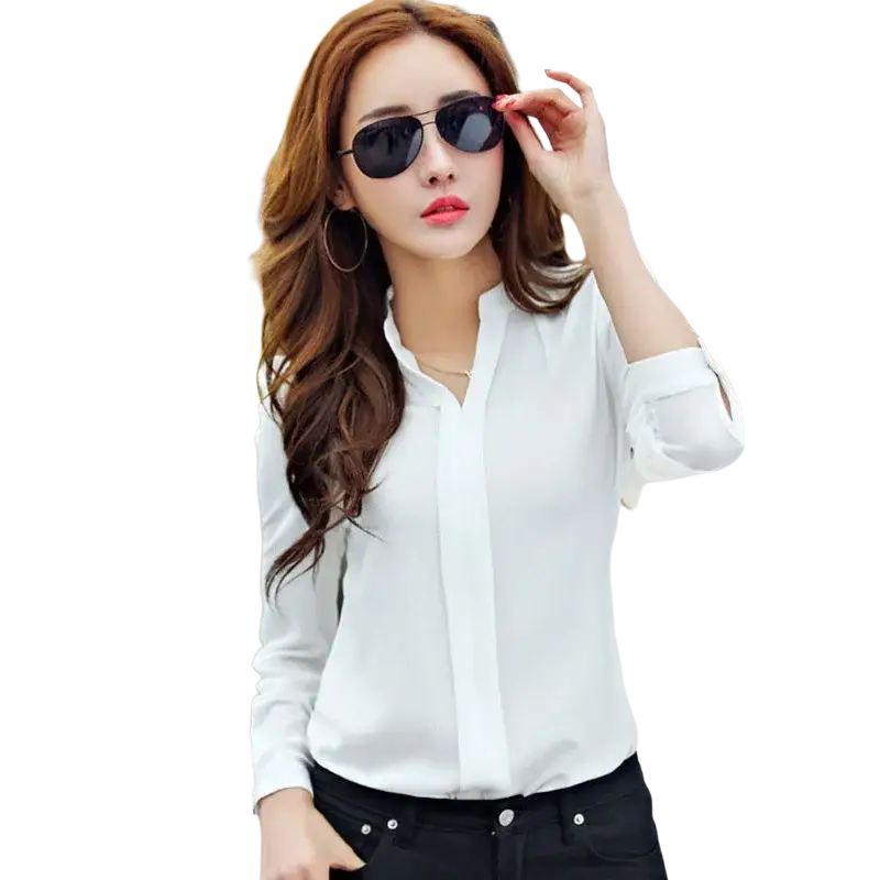 White long-sleeved button-up blouse with pleats and sleek fitted design contrasting red v-neck chiffon office blouse negative feedback