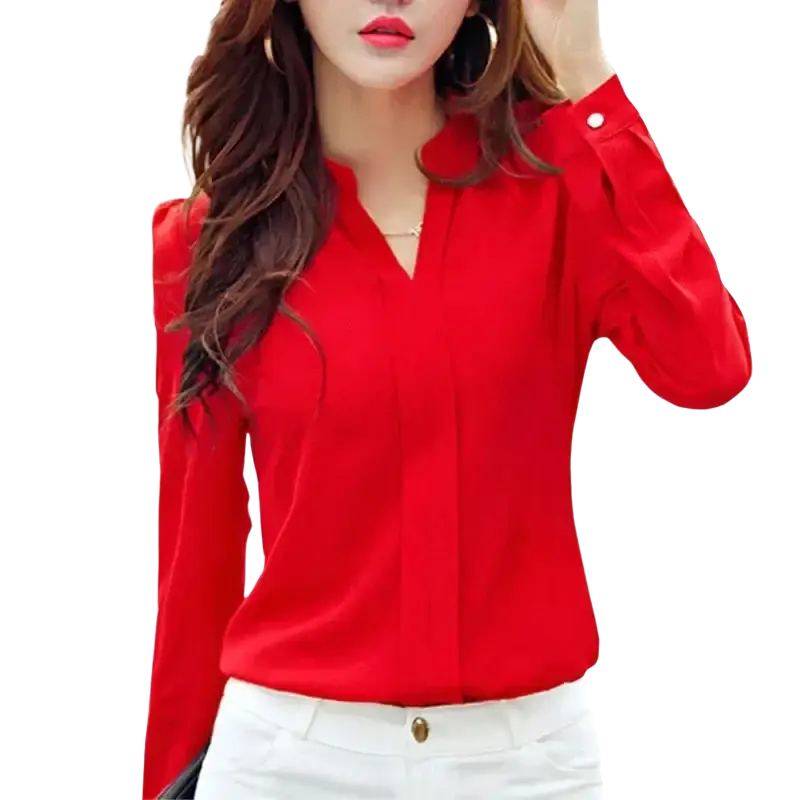 A vibrant red v neck long sleeve office blouse for women with buttoned cuffs made from lightweight fabric