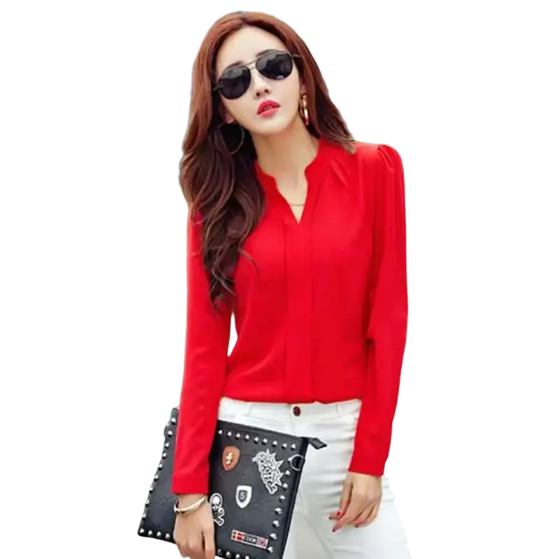 Red v neck long sleeve office blouse for women featuring vibrant red color and subtle front pleating design