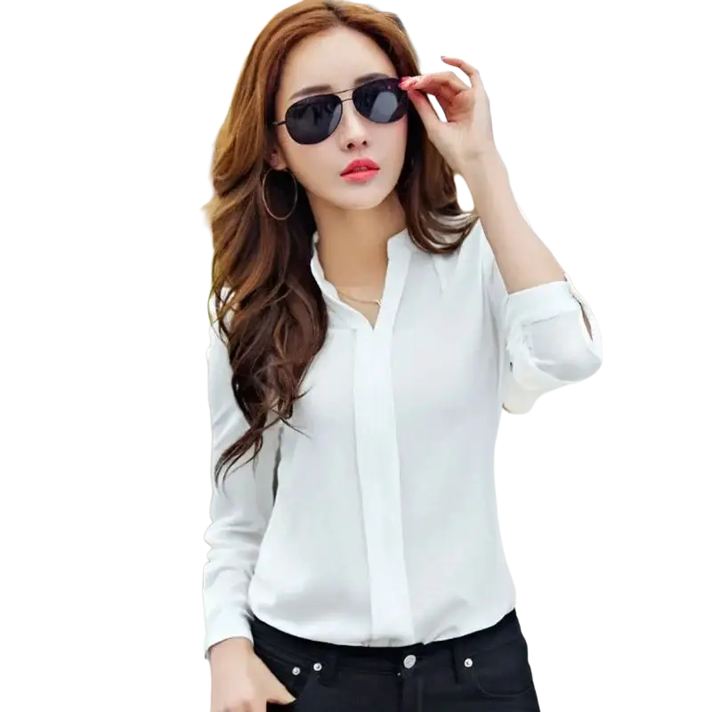White long-sleeved button-up blouse with classic collar and rolled cuffs for office wear