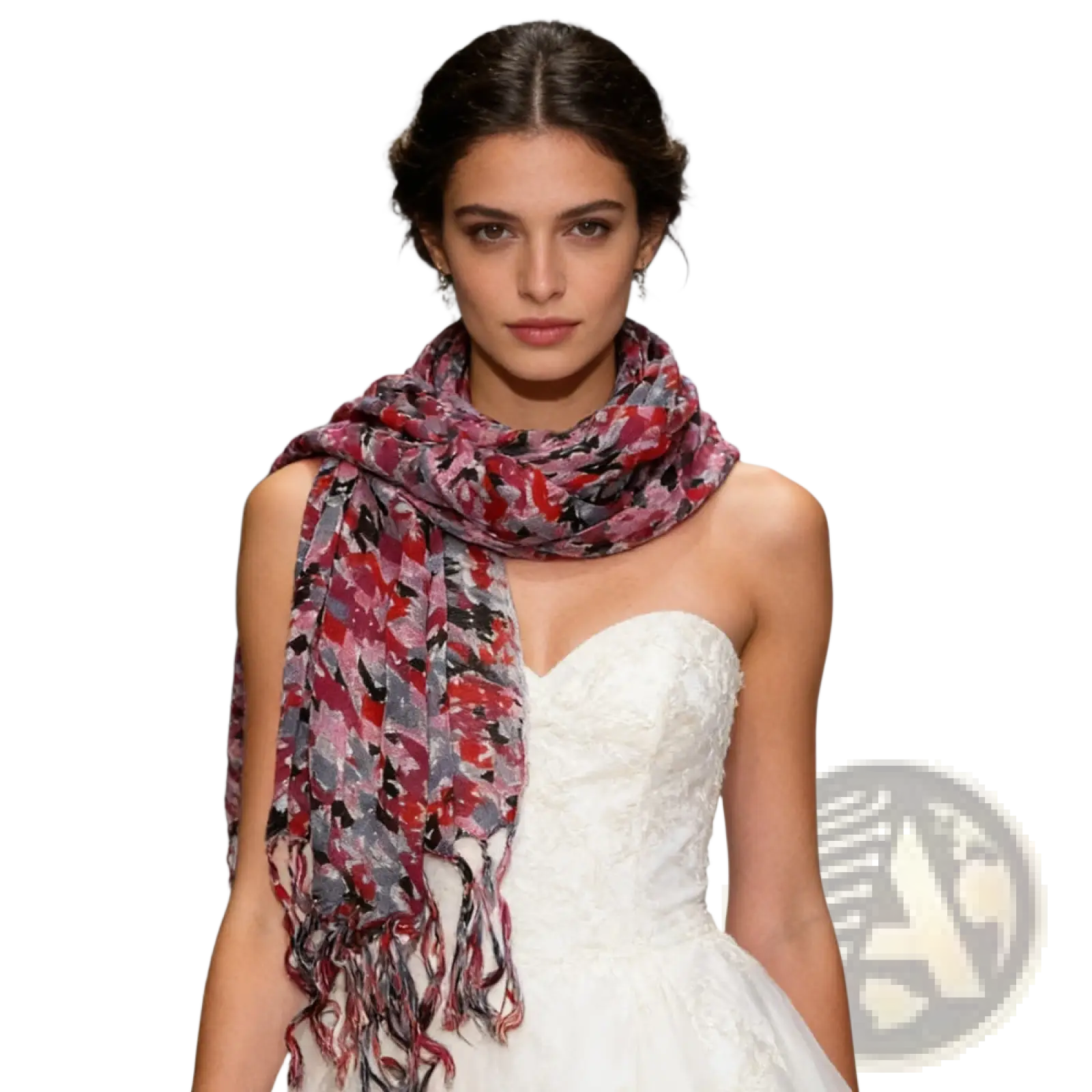 A vibrant red viscose flowy long scarf with patterned shades of gray and black and fringed edges for dresses