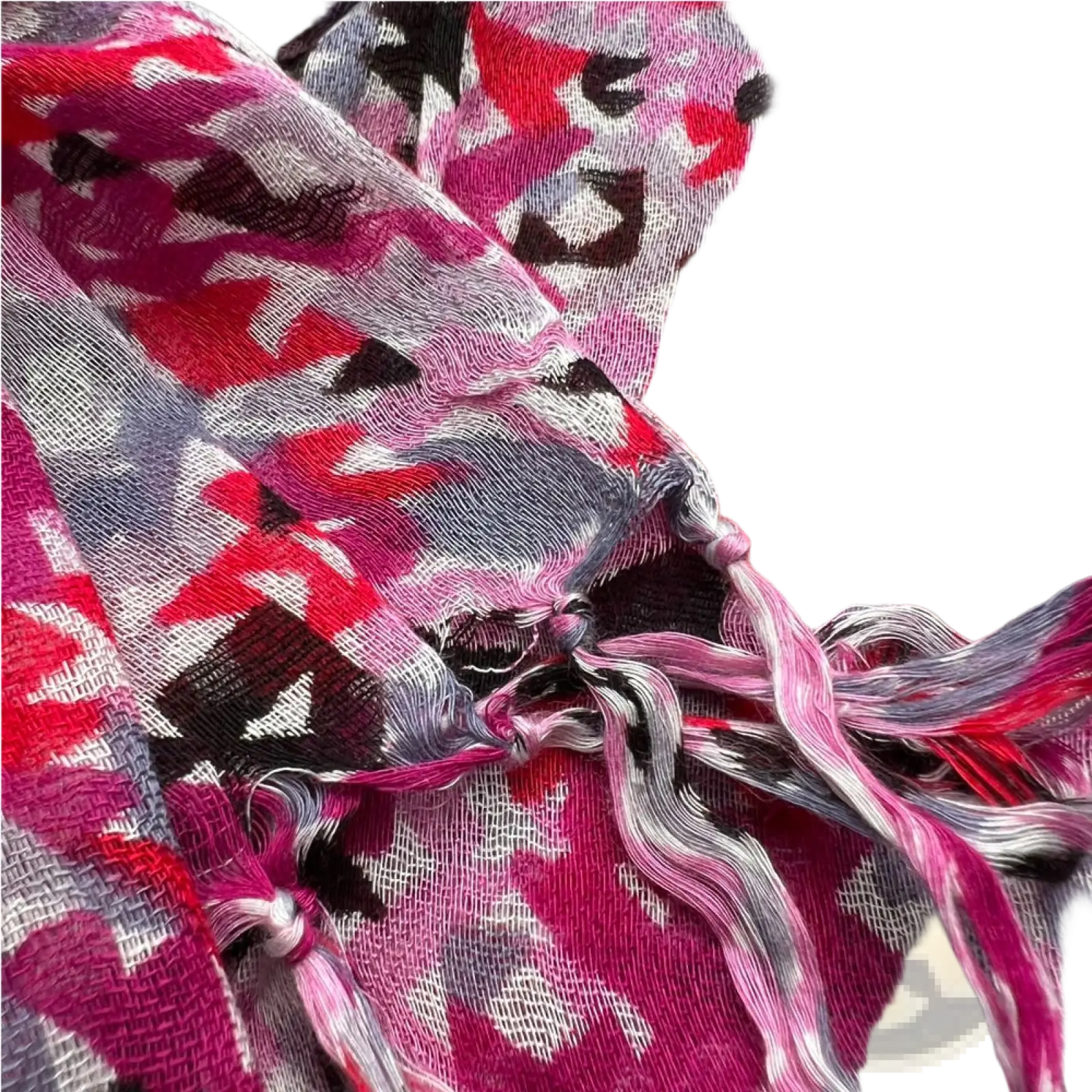 A vibrant pink gray and black viscose flowy long scarf with geometric patterns and fringed ends for dresses