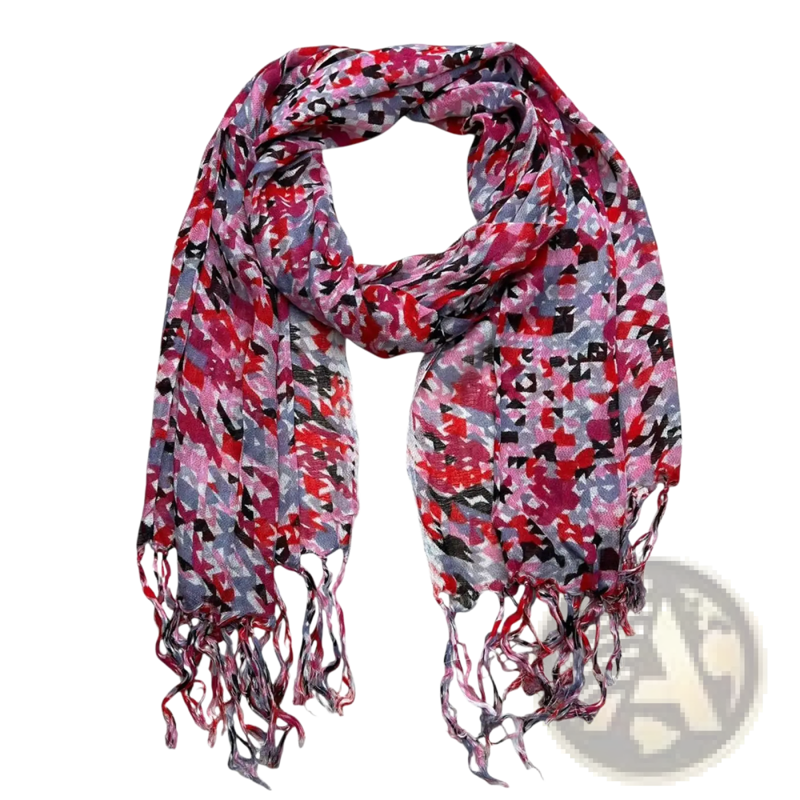A vibrant red viscose flowy long scarf with a red gray and black pattern and fringed ends for dresses
