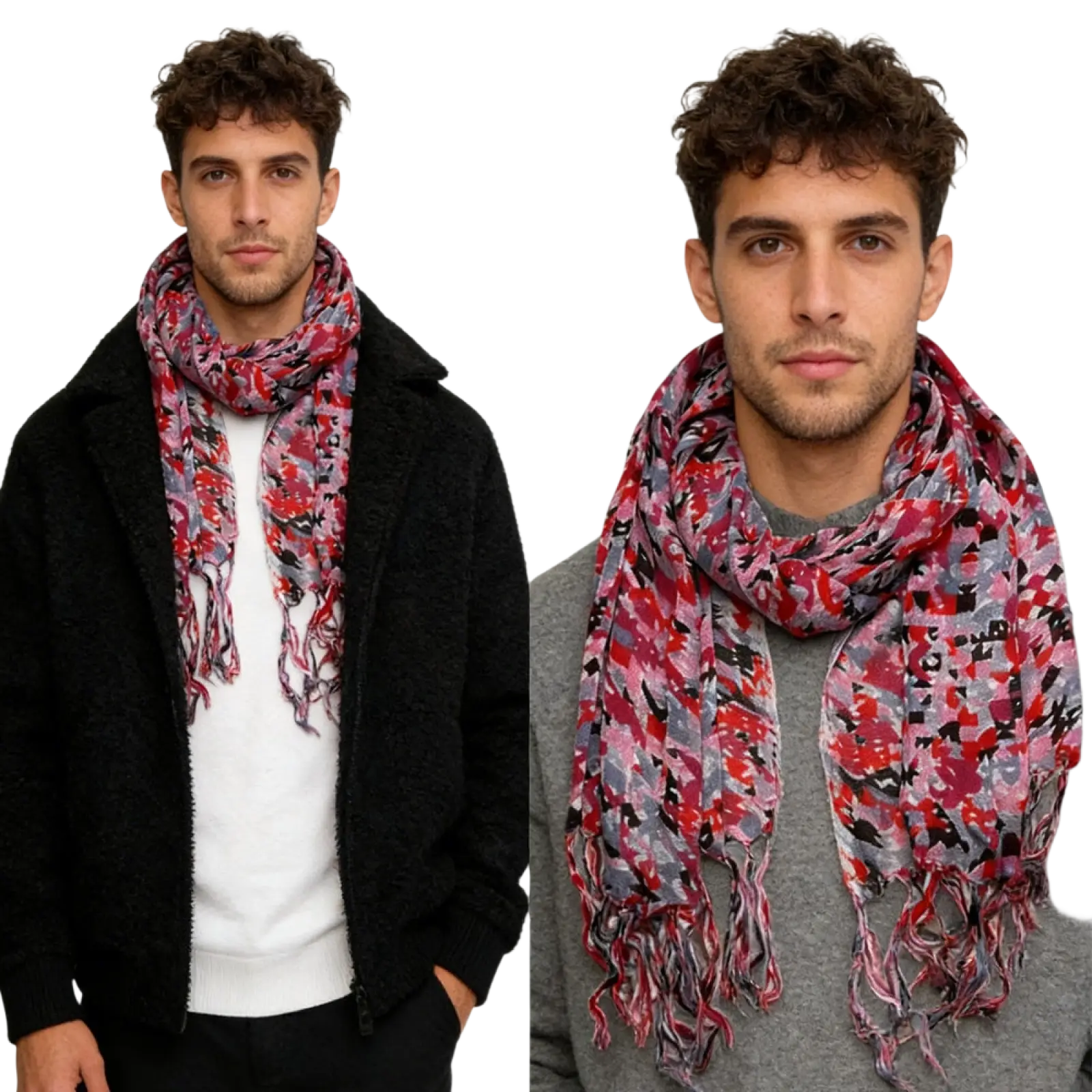 A vibrant red viscose flowy long scarf for dresses with gray and black patterns and fringed ends