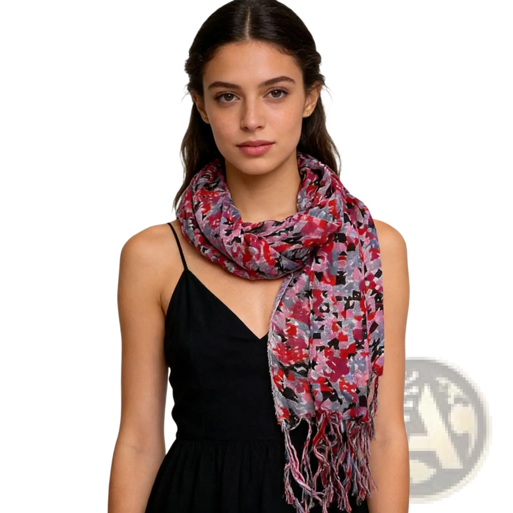 Red viscose flowy long scarf with soft pink red and gray pattern and fringed edge for dresses