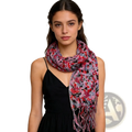 Red viscose flowy long scarf with soft pink red and gray pattern and fringed edge for dresses