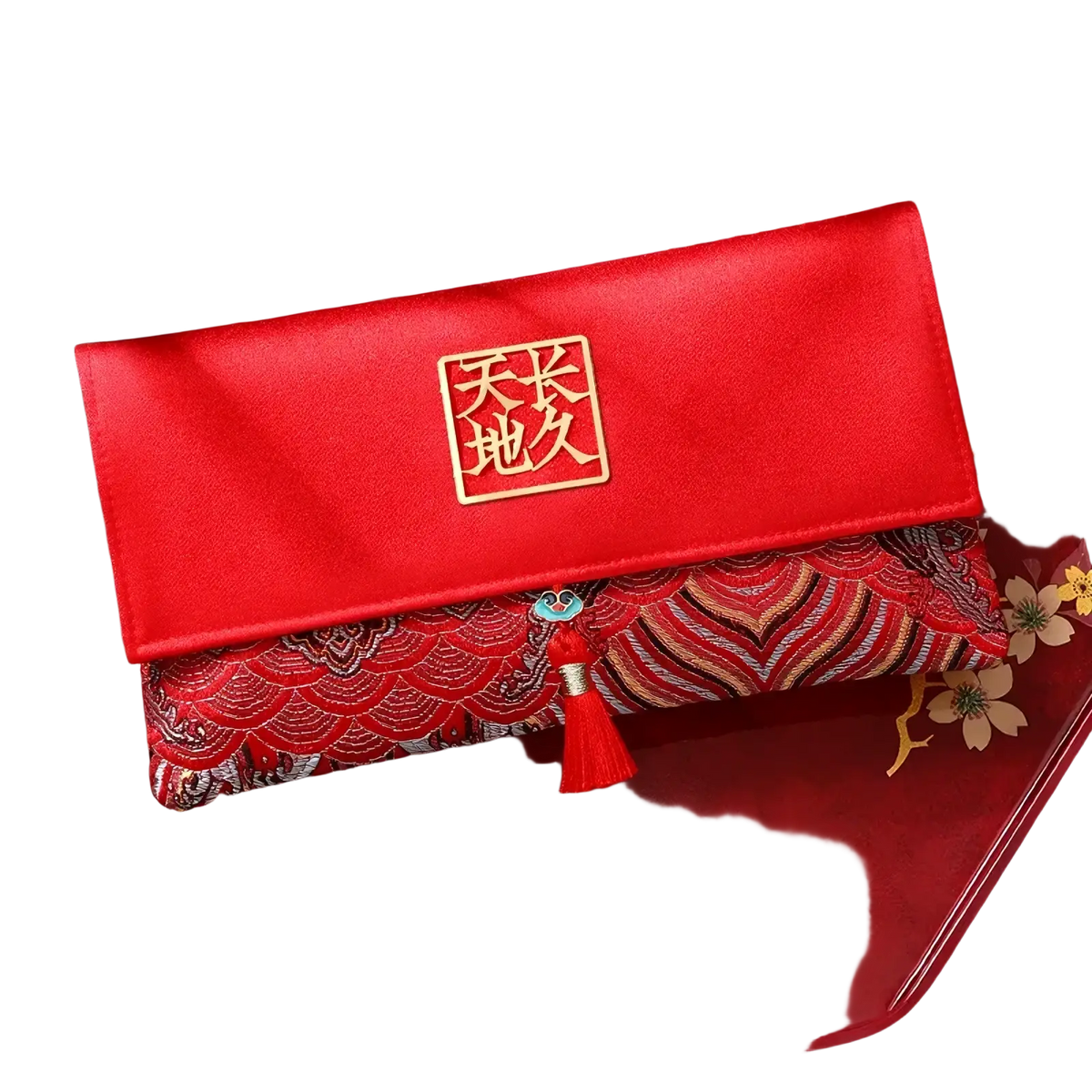 Red wedding envelope satin money gift bag with gold-embossed tian chang di jiu seal and red tassel accent