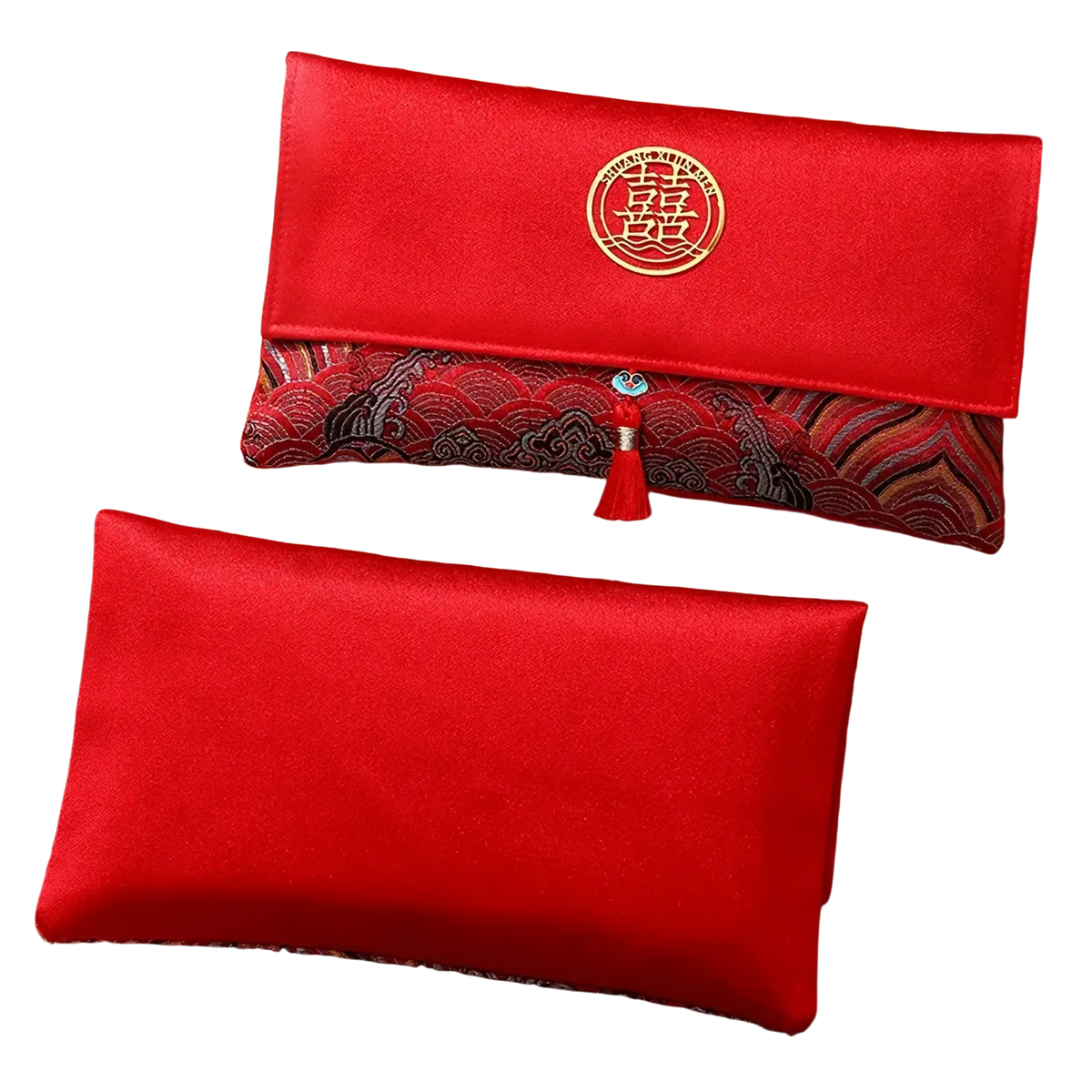 Red wedding envelope satin money gift bag featuring a red satin clutch with gold embroidered double happiness emblem and patterned lining