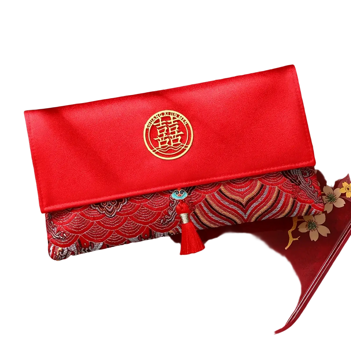 Red satin wedding envelope money gift bag with gold embroidered double happiness emblem and decorative tassel