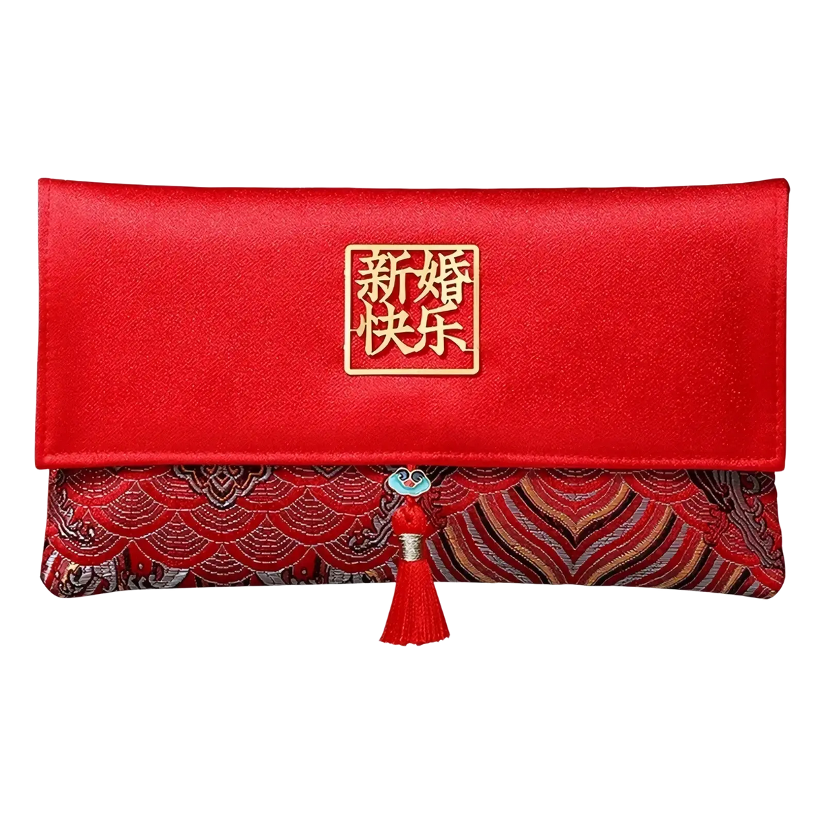 Red wedding envelope satin money gift bag with gold new marriage happiness emblem and red tassel