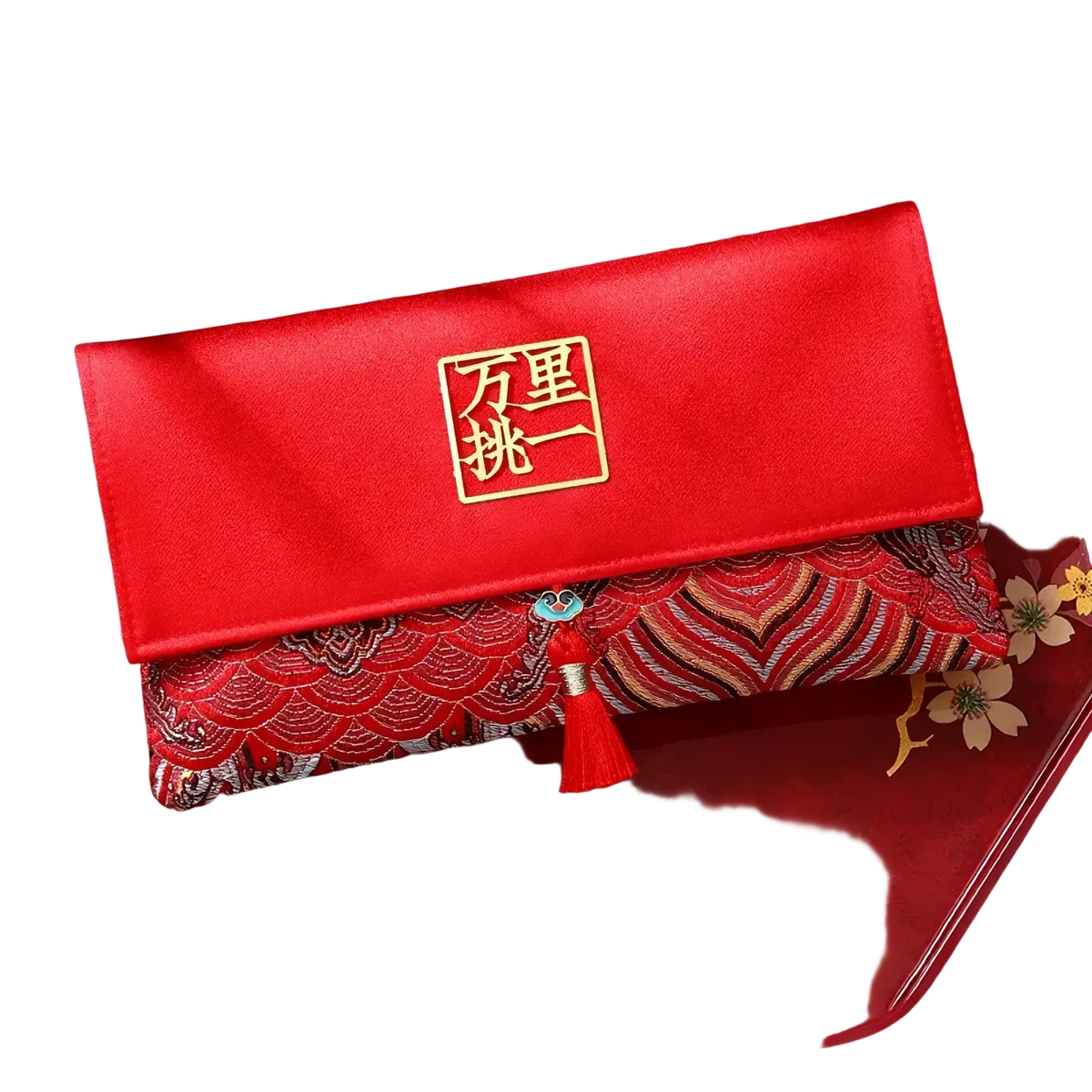 Red wedding envelope satin money gift bag featuring a red satin clutch with gold embroidered chinese characters and tassel