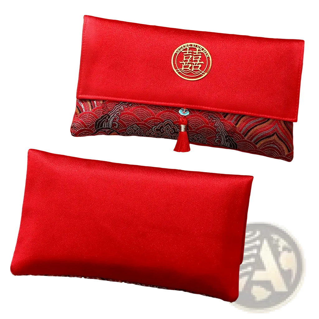 Red wedding envelope satin money gift bag featuring a red satin clutch with gold embroidered double happiness emblem and patterned lining