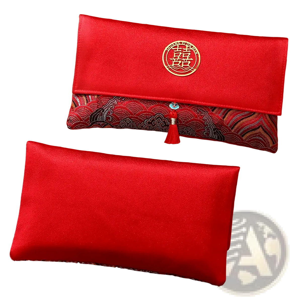 Red wedding envelope satin money gift bag featuring a red satin clutch with gold embroidered double happiness emblem and patterned lining
