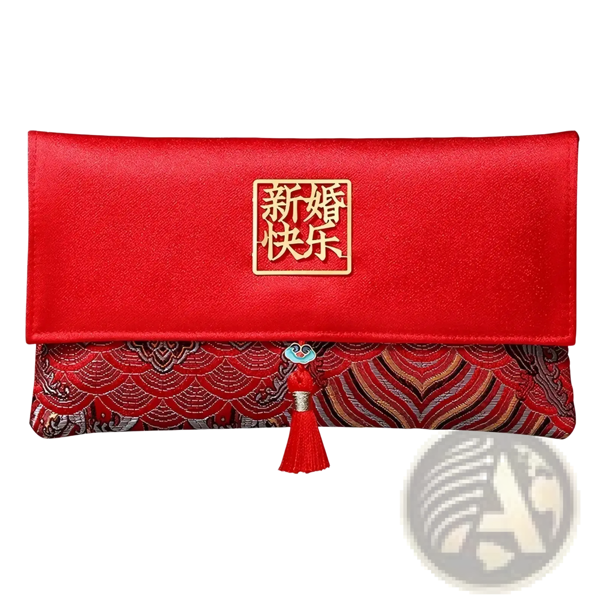 Red wedding envelope satin money gift bag with gold new marriage happiness emblem and red tassel