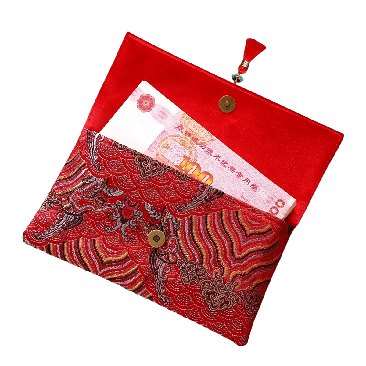 Red wedding envelope satin money gift bag featuring a red embroidered clutch with gold and silver wave patterns and brass button closures