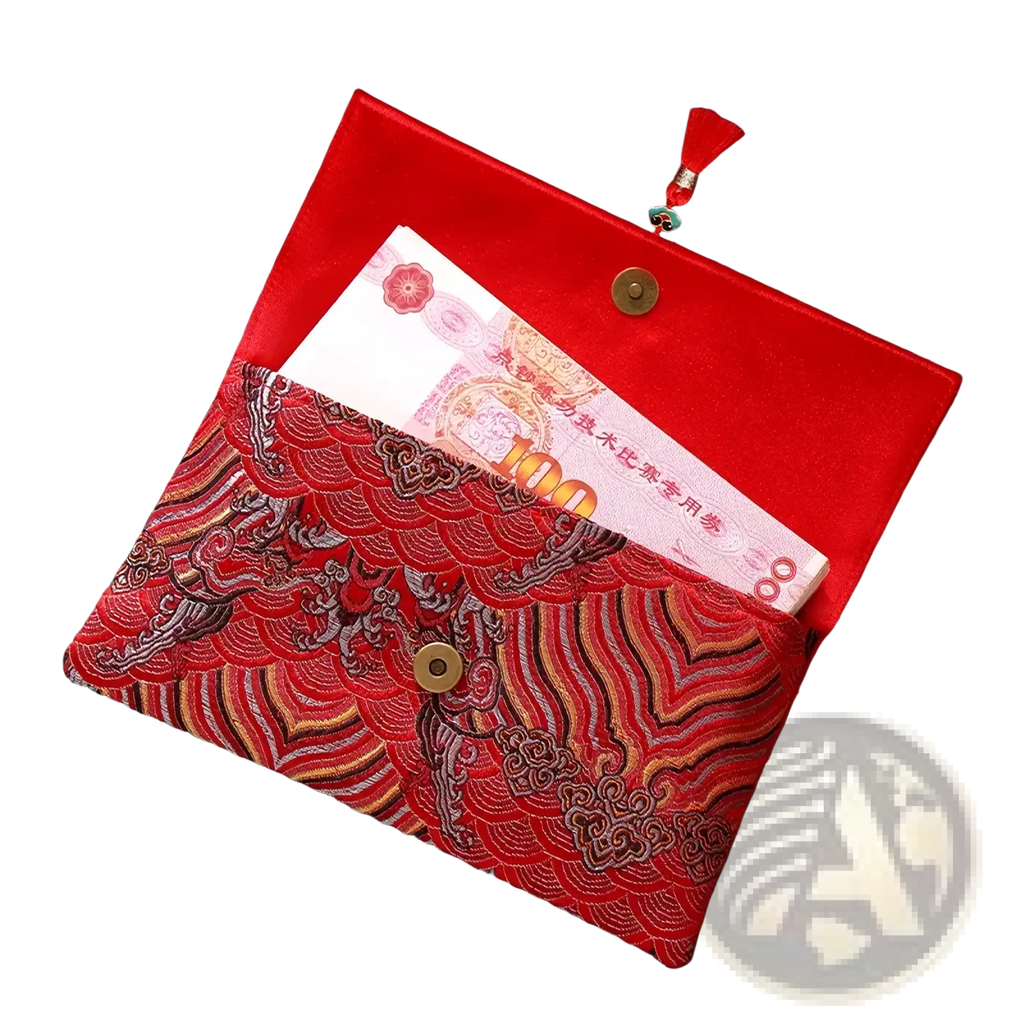 Red wedding envelope satin money gift bag featuring a red embroidered clutch with gold and silver wave patterns and brass button closures