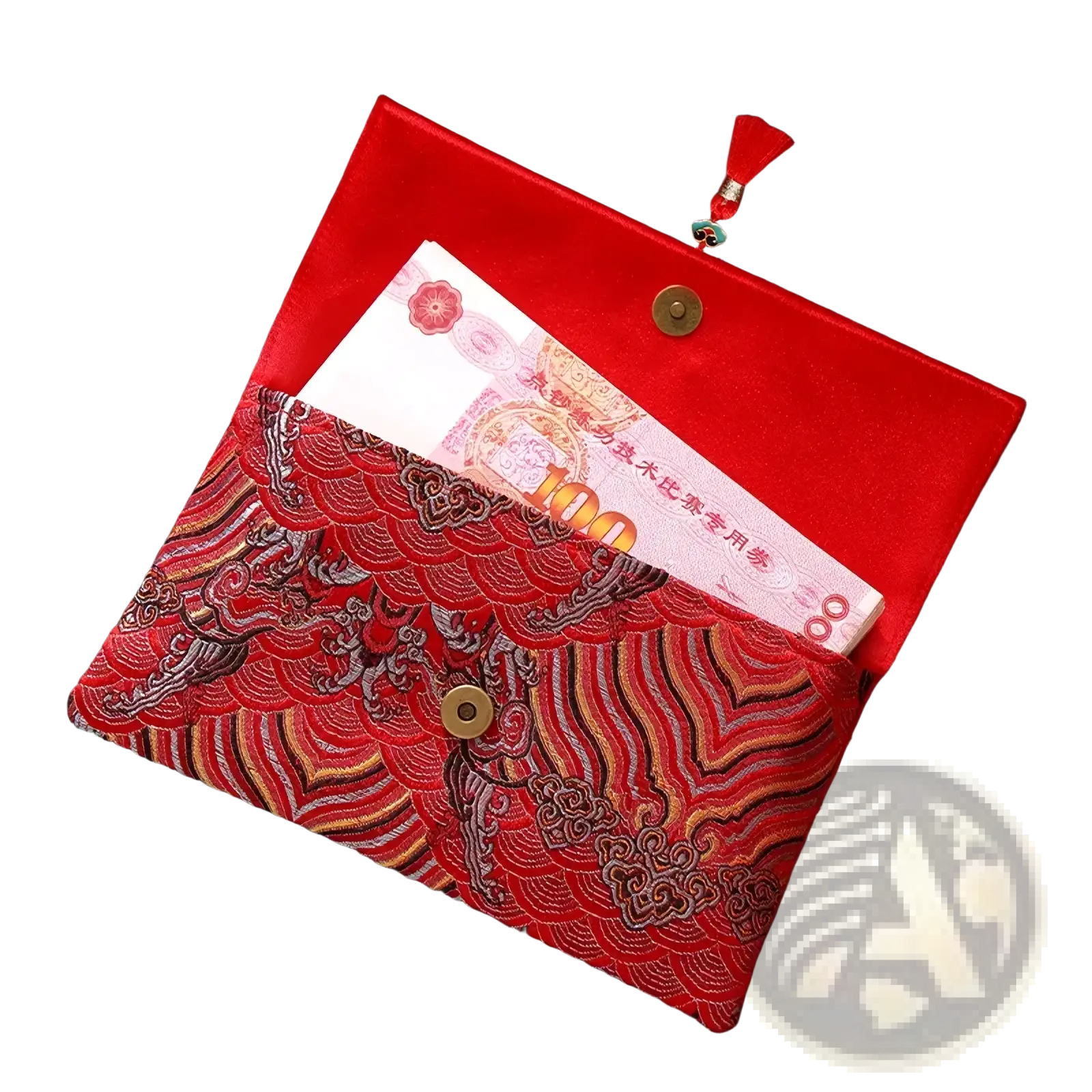 Red wedding envelope satin money gift bag featuring a red embroidered clutch with gold and silver wave patterns and brass button closures