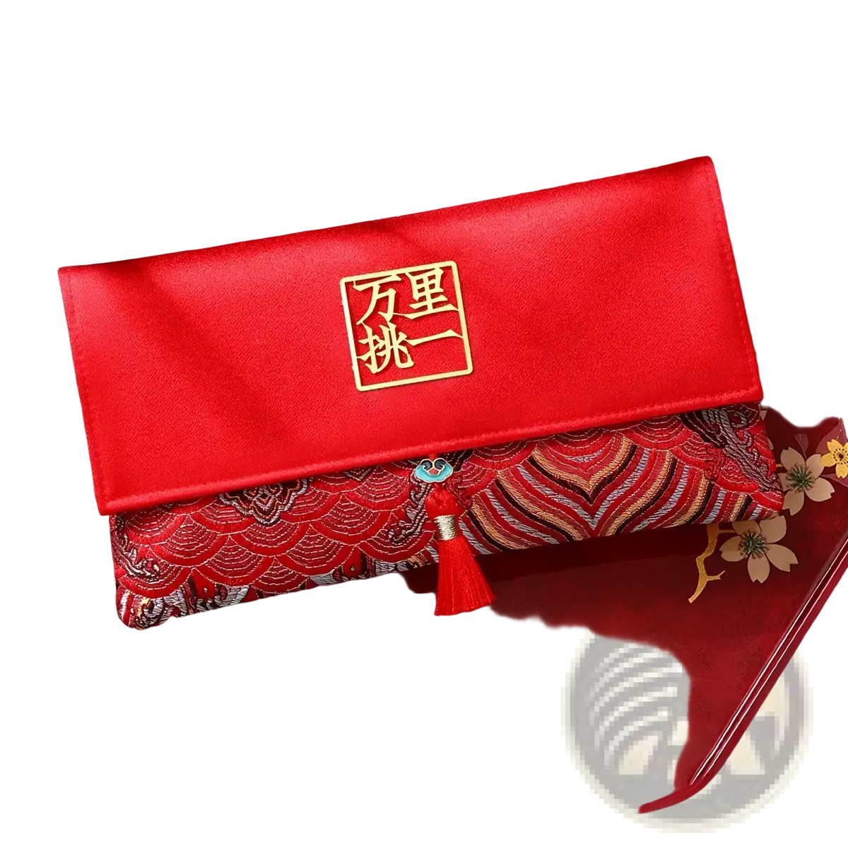 Red wedding envelope satin money gift bag featuring a red satin clutch with gold embroidered chinese characters and tassel