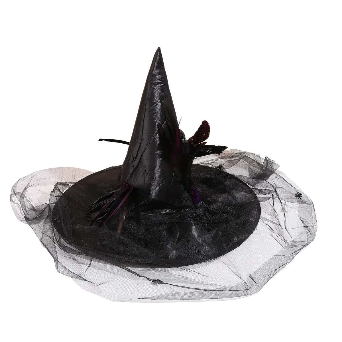 Black witch hat with pointed crown sheer tulle veil and decorative feathers shown from the back side