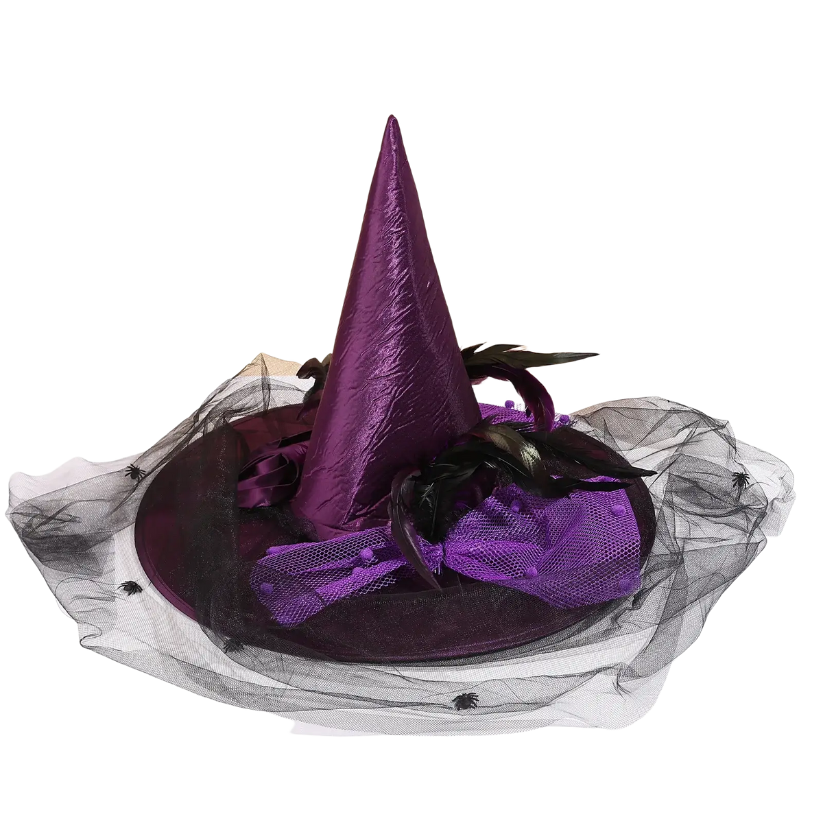 Purple witch hat with tall pointed crown and decorative black feathers for costume or festive wear