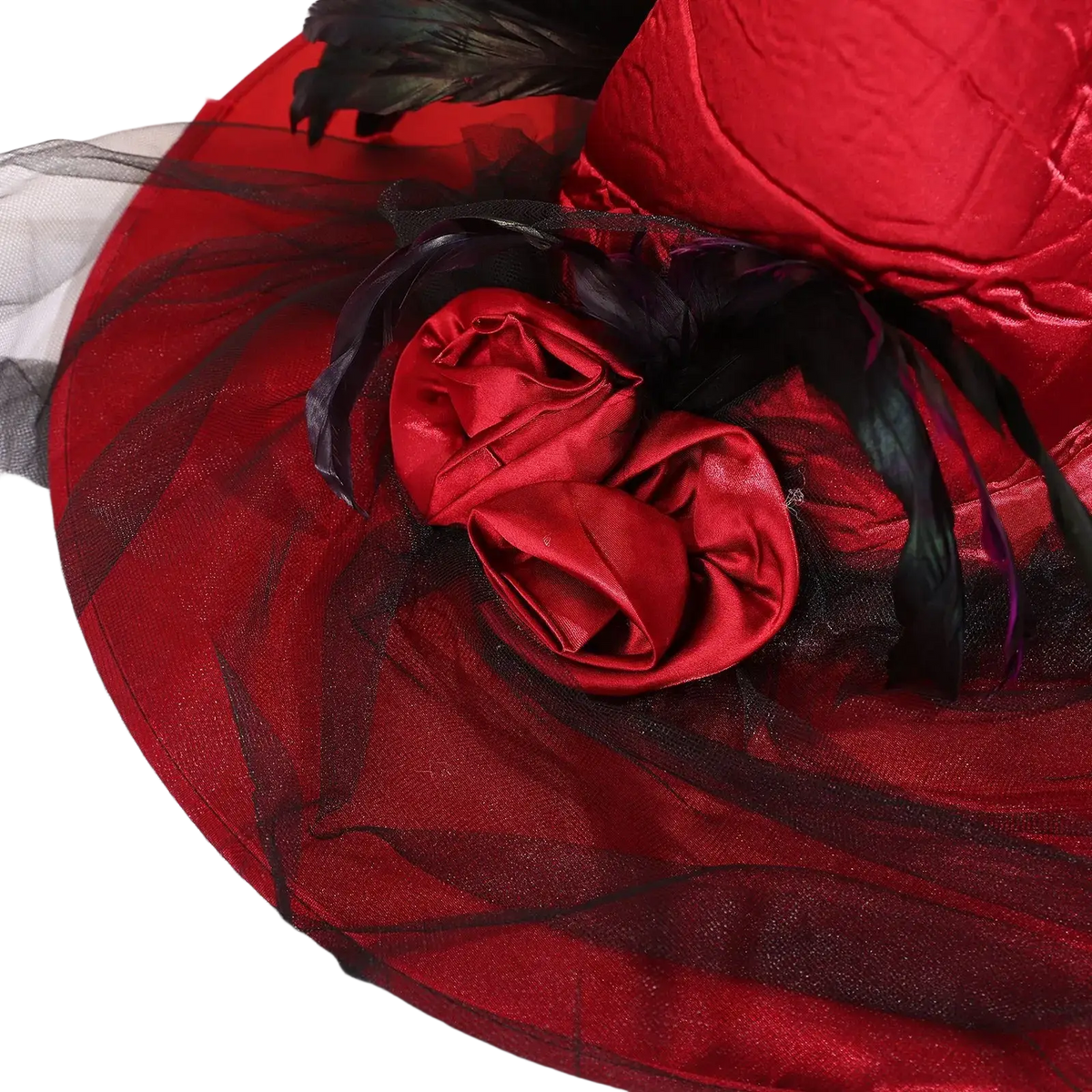A vibrant red satin witch hat adorned with a matching rose and black feathers for costume use