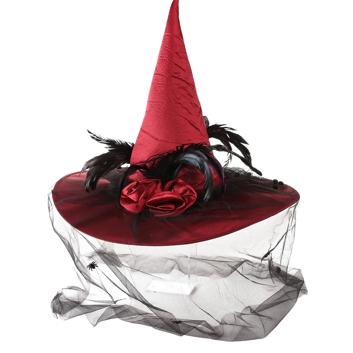 A vibrant red witch hat with a tall pointed crown, wide brim, black feathers, satin roses, and sheer black tulle