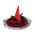 A vibrant red witch hat with glossy satin finish adorned with black feathers and matching red rose at the base