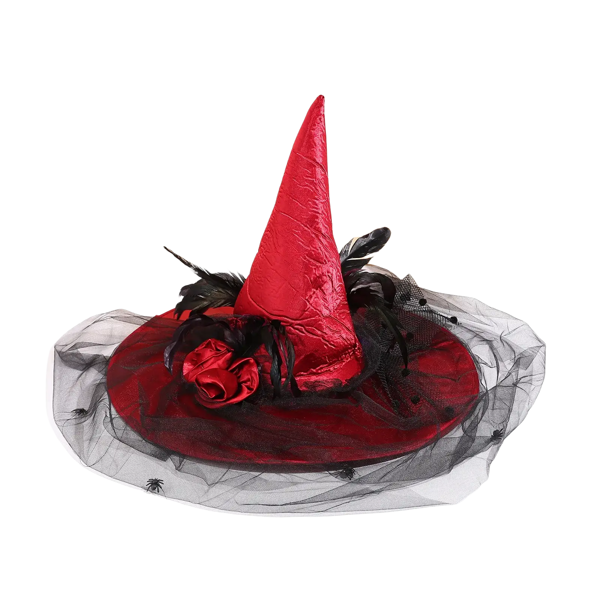 A vibrant red witch hat with glossy satin finish adorned with black feathers and matching red rose at the base