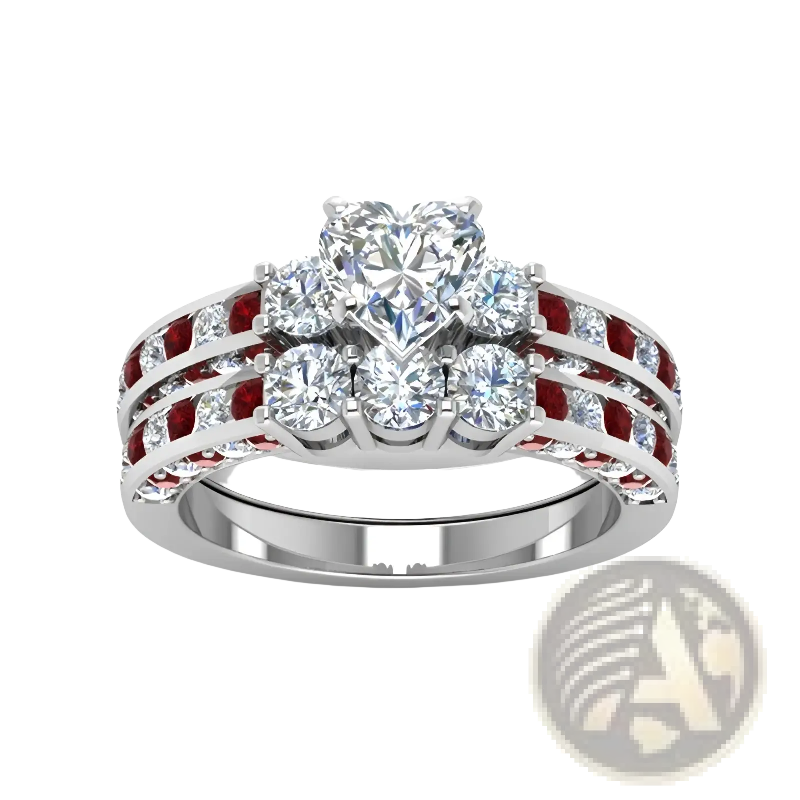 A red wood and zircon inlay couple wedding ring set featuring a heart-shaped diamond with red gemstones on silver band