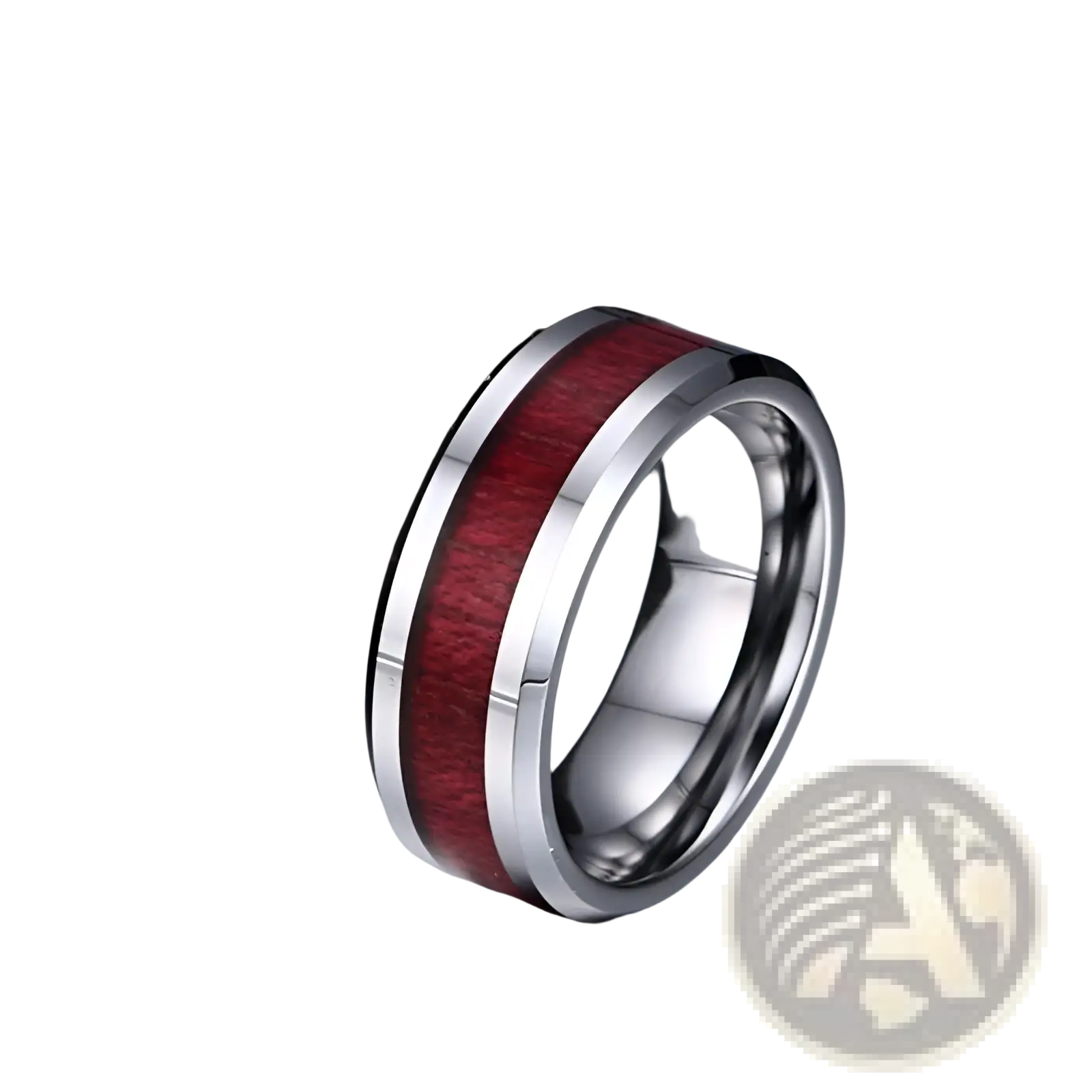 A sleek silver-toned tungsten couple wedding ring set with vibrant red wood and zircon inlay and polished finish