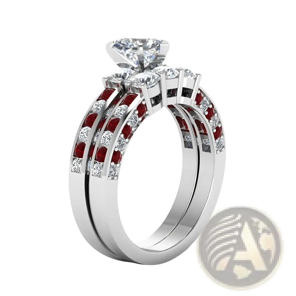 Red wood and zircon inlay couple wedding ring set with white gold, solitaire diamond, and ruby accented bands
