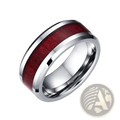 Stainless steel wedding band with vibrant red wood inlay and polished silver edges from red wood and zircon inlay set