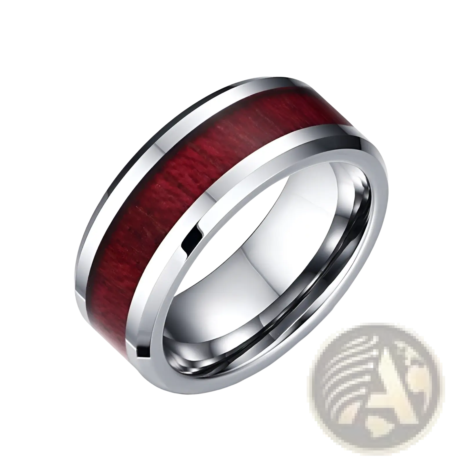 Stainless steel wedding band with vibrant red wood inlay and polished silver edges from red wood and zircon inlay set