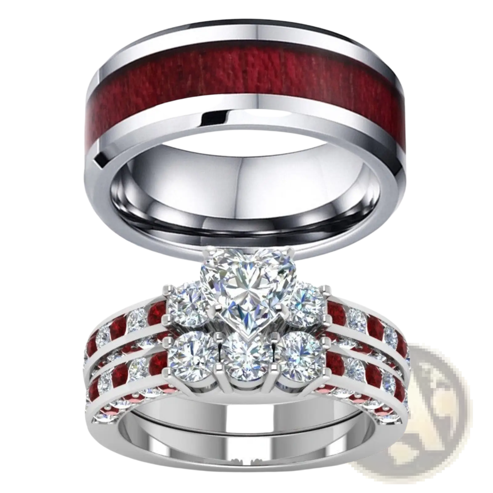 Silver wedding band with red wood inlay and matching diamond engagement ring from red wood and zircon inlay couple set